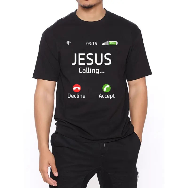 Men's "Jesus Is Calling" Graphic T-Shirt - Black Faith-Inspired Summer Tee with Bold Red Print, Casual Round Neck, Machine Washable Cotton Fabric, Casual Wear | Round Neck Tee | Regular Fit Shirt, Tee Shirts Made in USA