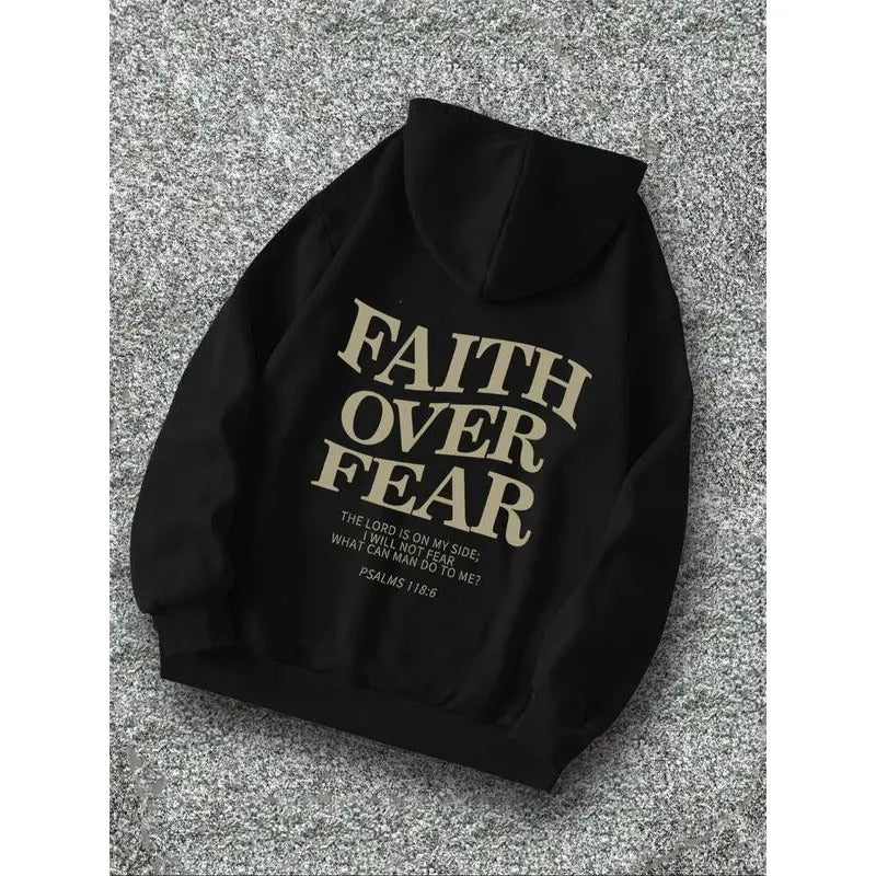 Men's "faith Over Fear" Slogan Print Drawstring Hoodie, Street Casual Regular Fit Long Sleeve Pocket Hooded Sweatshirt for Fall & Winter, Men's Top for Daily Wear Vintage Hoodies