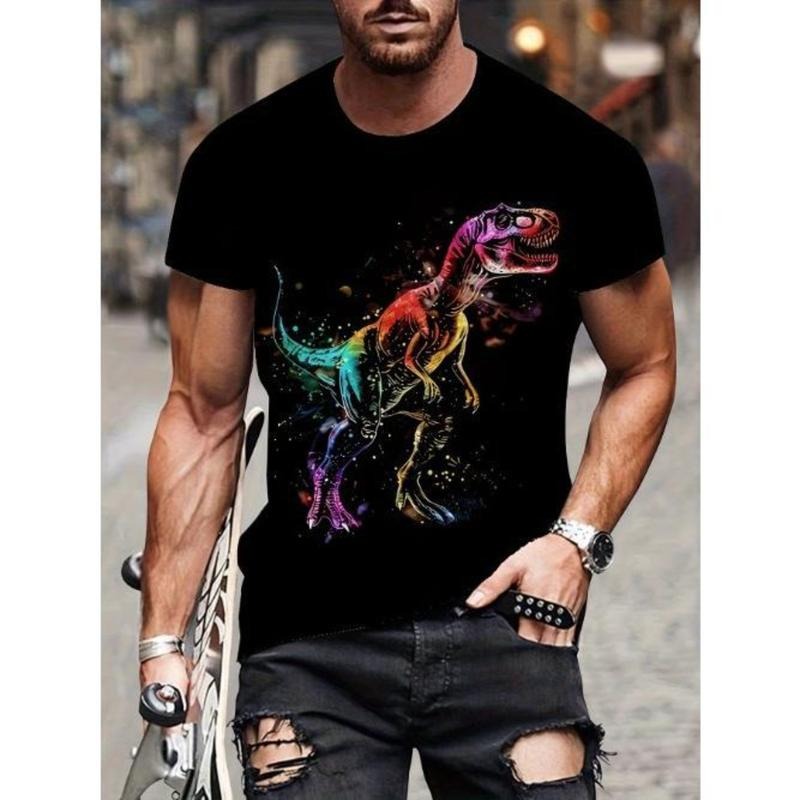 Men's 3D Colorful Dinosaur Print Crew Neck Short Sleeve T-Shirt, Casual Summer Tee For Everyday Wear And Vacations Made in USA