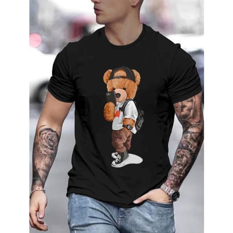 Men's Bear Graphic Print T-shirt, Casual Short Sleeve Crew Neck Tee, Men's Clothing For Summer Outdoor Made in USA