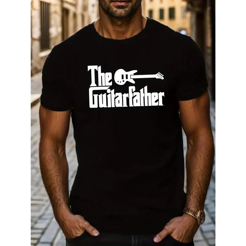 Men's Casual "The Guitar Father" Short Sleeve T-Shirt, Summer Crew Neck Top, Comfortable Tee, Music Humor, Black Made in USA