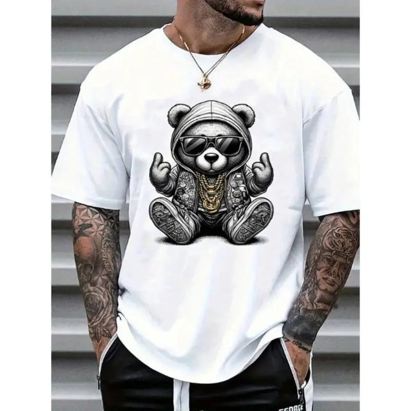 Men's Casual Cartoon Bear Print Round Neck Short Sleeve T-Shirt, Summer Made In USA