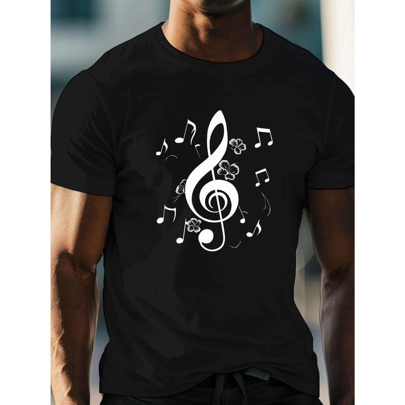 Men's Casual Crew Neck T-Shirt with Intricate Treble Clef Print - Lightweight, Breathable Cotton for Summer Comfort Made in USA