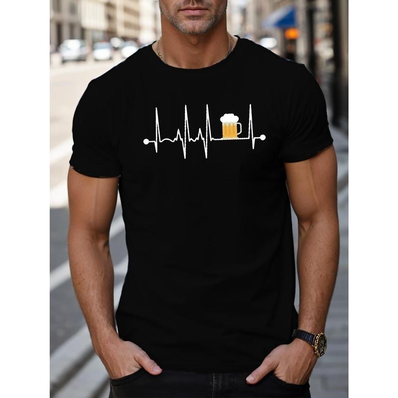 Men's Casual EKG Beer Graphic Tee - Soft Cotton, Short Sleeve, Round Neck, Machine Washable - Black with White Beerbeat Design for All Seasons Made in USA