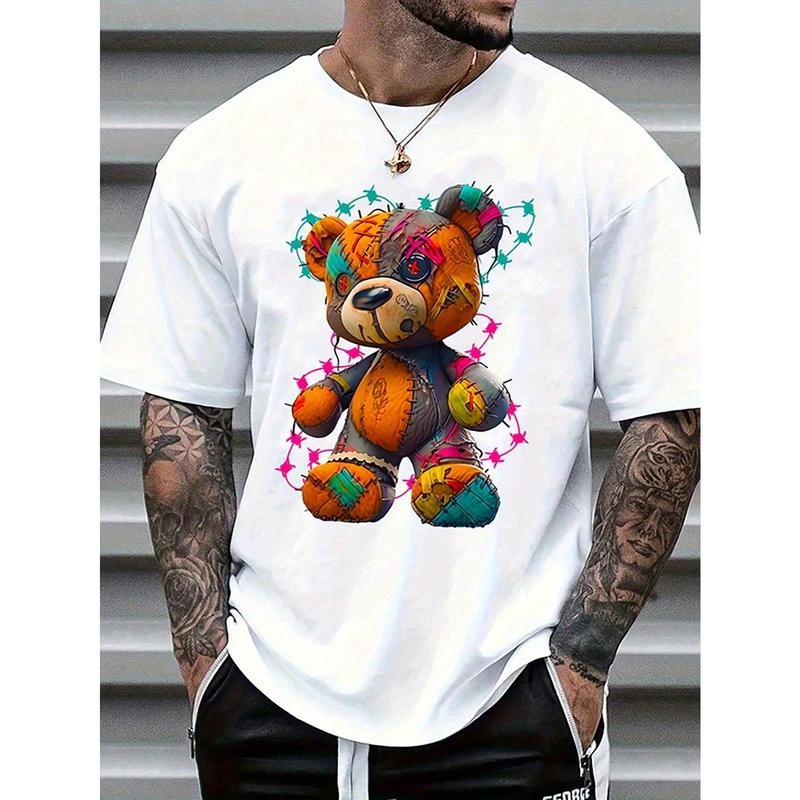 Men's Casual Fashion T-Shirt, Cartoon Teddy Bear Print, Knitted Cotton, Regular Fit, Round Neck, Stretch Fabric, All-Season, Adult Unisex Top Made in USA