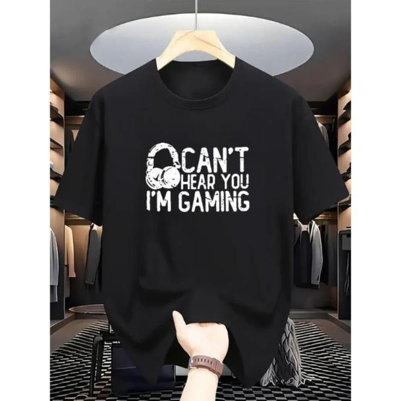 Men's Casual Gaming Graphic Tee "Can't Hear You I'm Gaming" - 100% Polyester Knit Fabric T-Shirt with Crew Neck, Regular Fit, Breathable Comfort for Summer & Outdoor Activities - Slight Stretch Alphabet Patterned Short-Sleeve Top Made in USA