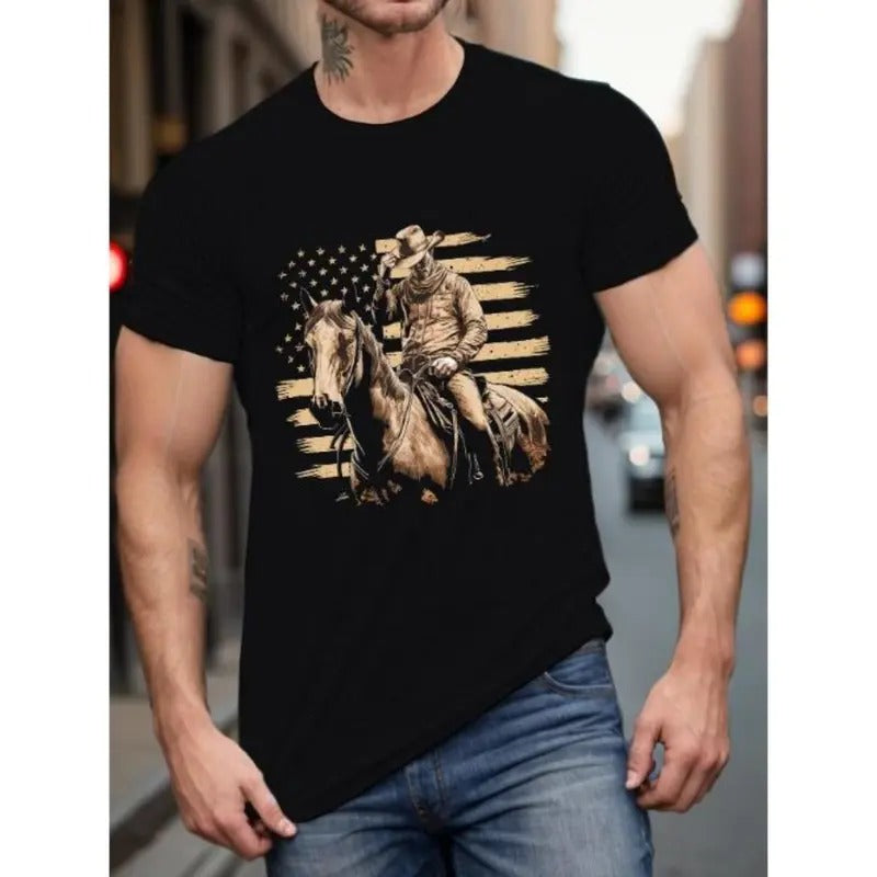Men's Cowboy On Horse Print T-Shirt - Casual Summer Short Sleeve Round Neck Knit Tee - Breathable Fabric Made In USA