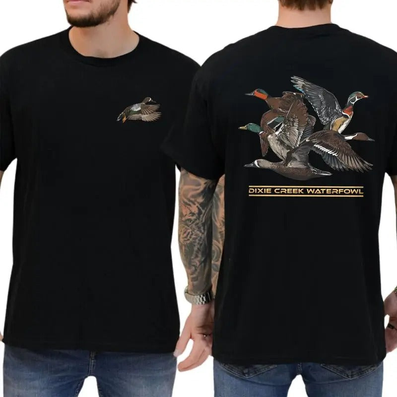 Men's Dixie Creek Waterfowl Outdoors 2-Sided Graphic Shirt, Mallard Hunting Shirt, Duck Hunt T-shirt, Soft Cotton Fabric Tops, Classic Casual Menswear