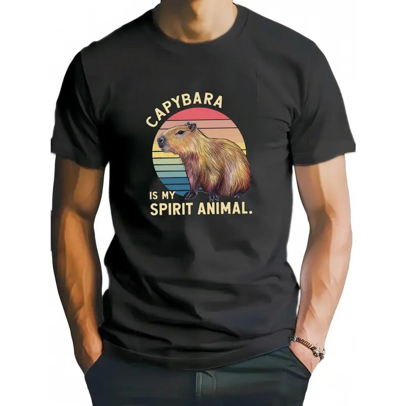 Men's Fashion Street Style T-Shirt: Funny Animal Pattern Capybara Print Short Sleeve Crew Neck Tee, Breathable & Comfy for Spring Summer Holiday Leisure Vacation Made in USA