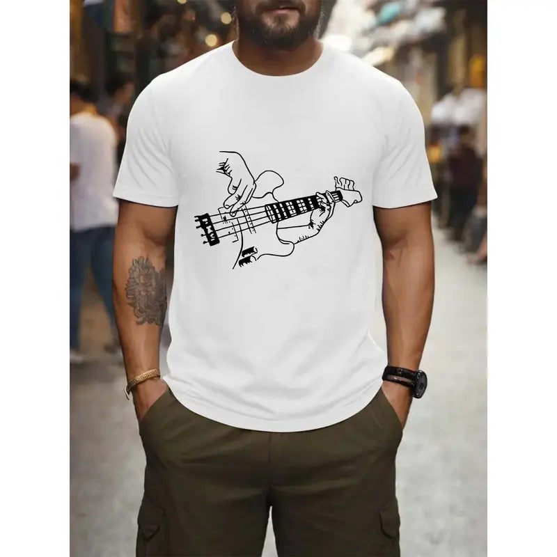 Men's Fashionable Round Neck Short Sleeve Guitar Print T-Shirt for Everyday Comfortable Wear Made in USA