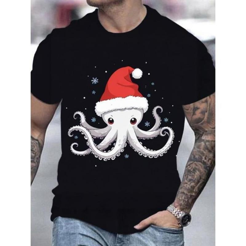 Men's Festive Octopus with Christmas Hat Print T-Shirt - Casual Round Neck, Short Sleeve Top for Summer Made in USA