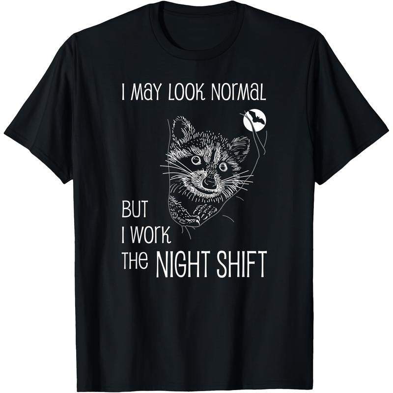 Men's Funny "Night Shift Worker" Graphic T-Shirt - 100% Cotton, Short Sleeve, Black, Humorous Design with Raccoon Illustration, Machine Washable, Perfect for Casual Wear, Everyday Tshirt | Playful Graphic Tee | Soft Fabric Made in USA