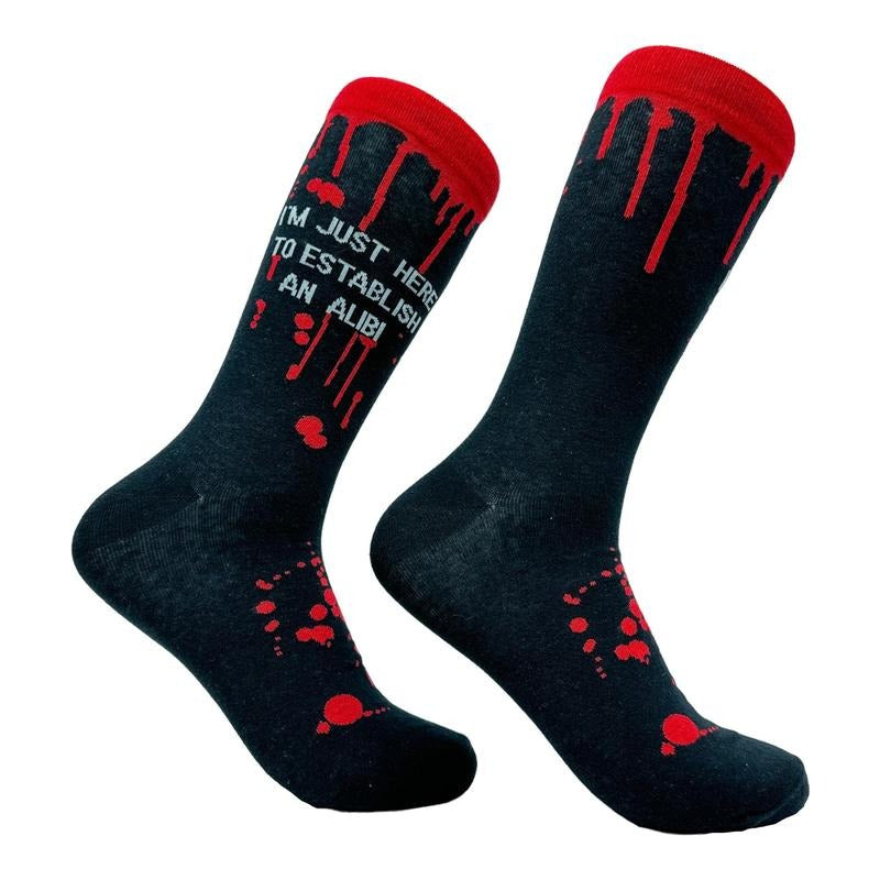Men's Im Just Here To Establish An Alibi Socks Funny Halloween Killer Joke Footwear Funny Graphic Socks Comfortable Fitted Spandex Cotton