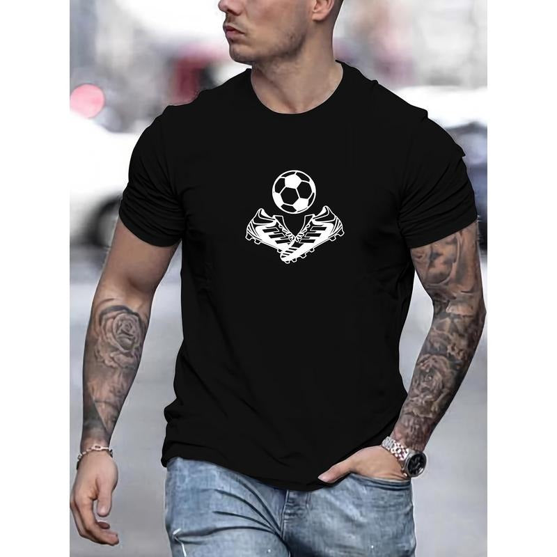Men's Soccer Ball and Cleats Graphic T-Shirt - 100% Cotton Casual Crew Neck Tee with Slight Stretch - Basic Solid Color Summer Shirt for Adults - Knit Fabric Regular Fit Made in USA