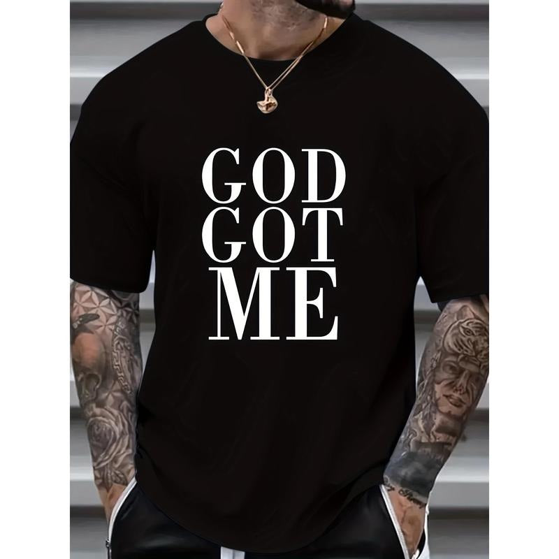 Men's T-shirt, "God Got Me" Graphic Print Short Sleeve Tees For Summer, Men's Clothing Made in USA
