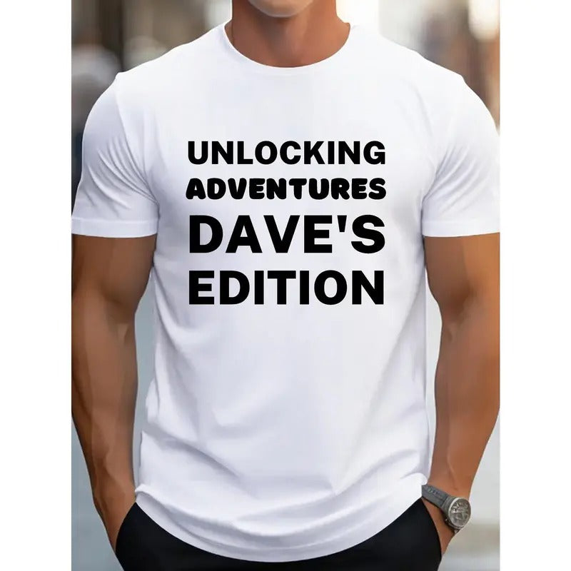 Men's Versatile Short Sleeve T-shirt, Stylish And Causal Round Neck Tee With "Unlocking Adventures Dave's Edition " Print, Summer & Spring Trendy Top For Daily Wear Made in USA