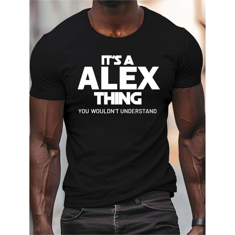 Men's black ALEX letter print, fashion short-sleeved casual T-shirt, slightly elastic round neck T-shirt, breathable lightweight suitable for outdoor activities blazer,100% cotton T-shirt Made in USA