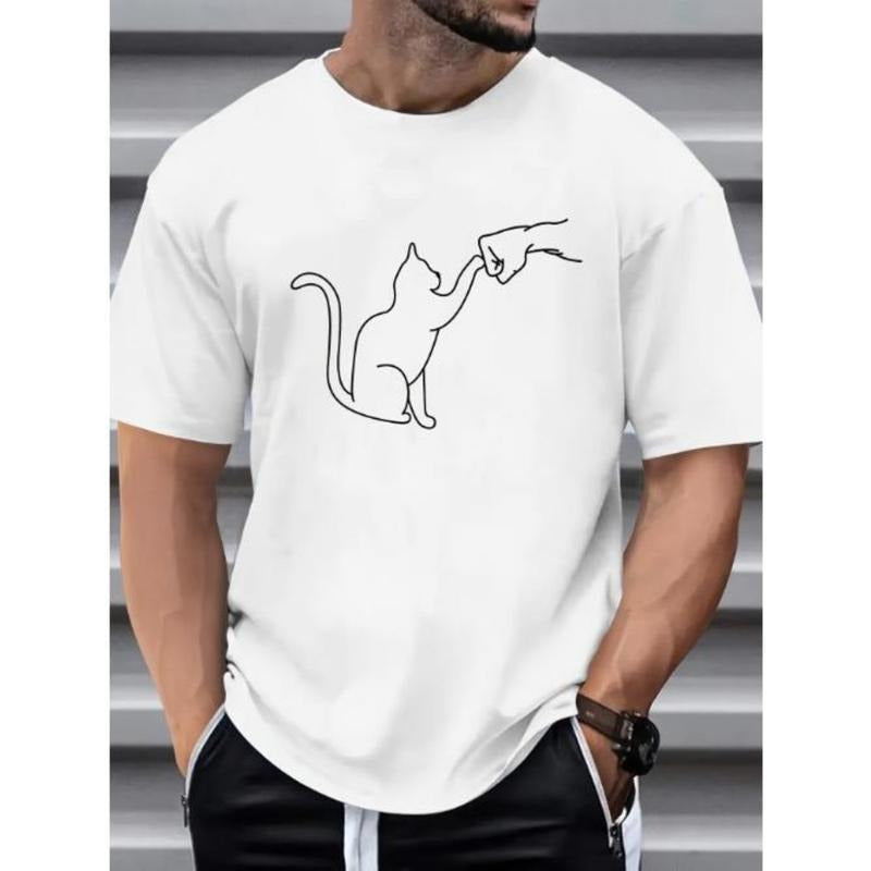 Mens Cartoon Cat Print Crew Neck T-Shirt - Soft Slight Stretch Cotton Blend Fabric, Casual Short Sleeve Regular Fit Tee for Outdoor Activities - Breathable, Comfortable, and Fun Made in USA