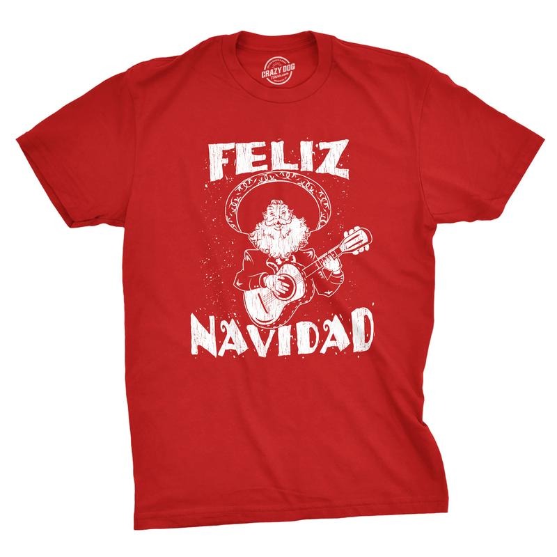 Mens Feliz Navidad T Shirt Funny Guitar Mexican Santa Claus Christmas Tee Mens Funny T Shirts Cool Vintage Fashion T-Shirt Gift Red