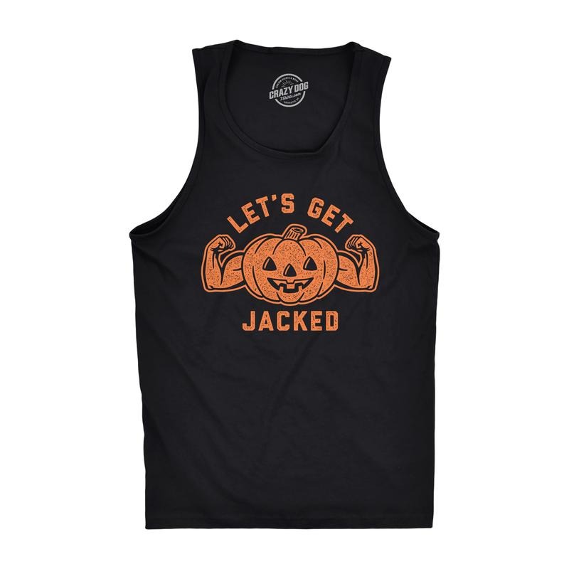 Mens Fitness Tank Let's Get Jacked Tanktop Funny Halloween Pumpkin Jack-o-lantern Shirt Funny Workout Shirt for Men with Plus Sizes Halloween Tank Top for Men Funny Fitness Sleeveless Tee Novelty Tank Black -