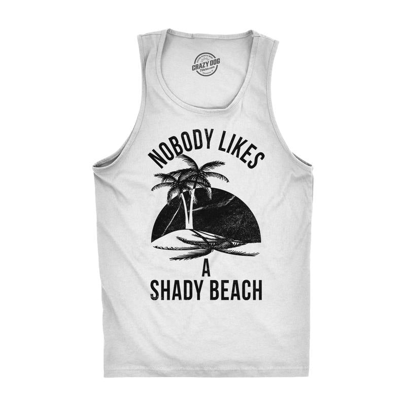 Mens Shady Beach Funny Cool Tees Sleeveless Gym Workout Novelty Fitness Tanktop Funny Workout Shirt for Men with Plus Sizes Funny White
