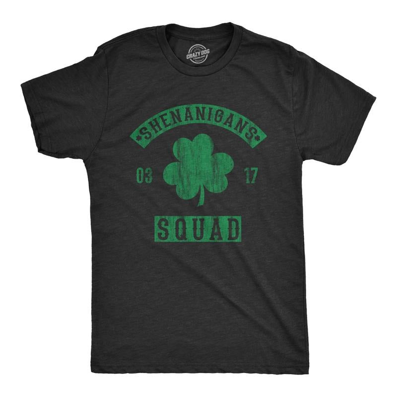 Mens Shenanigans Squad T Shirt Funny St Patricks Day Clover Graphic Saint Paddy Tee Mens Funny T Shirts Cool Vintage Fashion T-Shirt Black