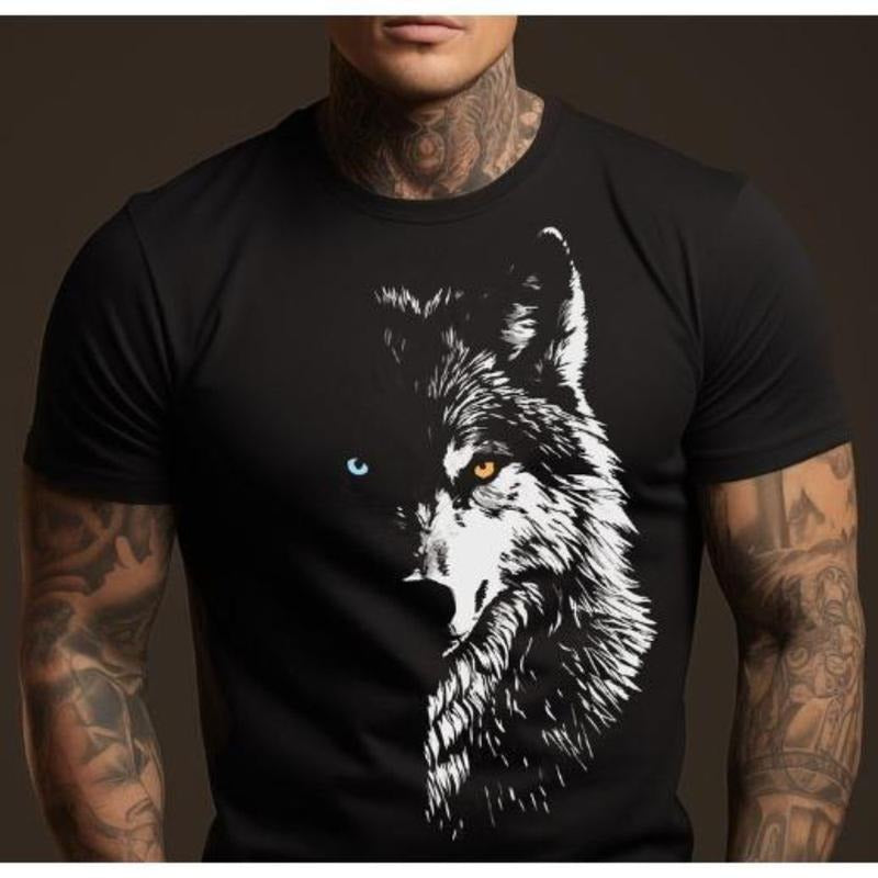 Mens Wolf Head Fashion Print Fashion Gift For Boyfriend , Gift For Husband, 3D Wolf T-shirt, Gift For Him Made in USA