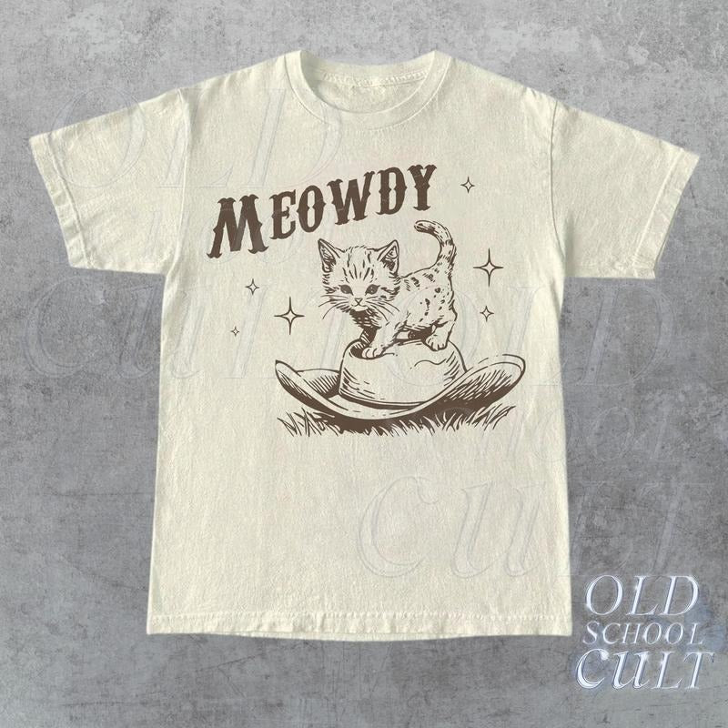 Meowdy Cute Kitten Cat Country Western Vintage T-Shirt, Retro 90s Cowgirl Rodeo Life Shirt, 2000s Cowboy Ranch Farm Life Shirt, Funny Cat