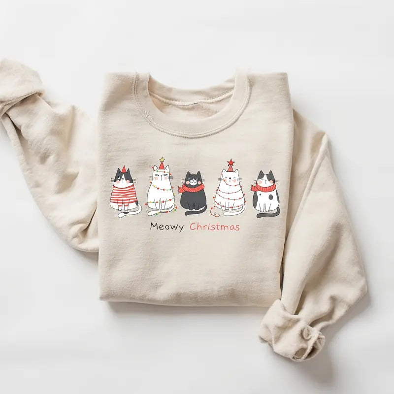 Meowy Christmas Sweatshirt,Happy Cat Year Shirt,Funny Christmas Cat Shirt,Cat Christmas Sweatshirt,Cats Sweatshirt,Cat Lover Christmas Shirt Womenswear