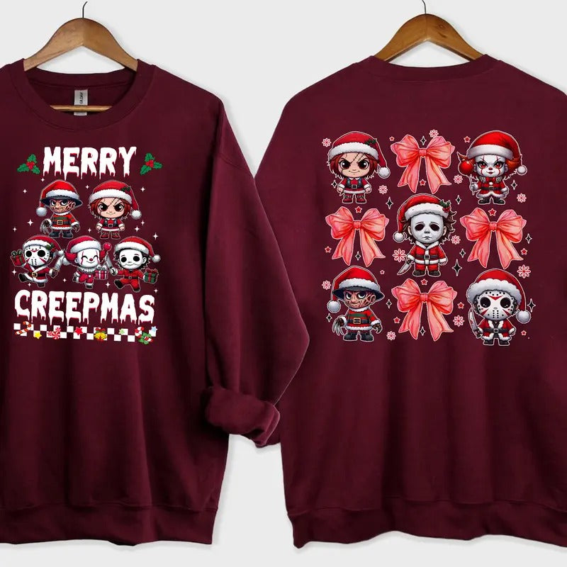 Merry Creepmas Horror Christmas Sweatshirt 2 Sides, Funny Character Christmas Sweatshirt, Xmas Horror Movie Sweatshirt, Friends Horror Christmas Shirt