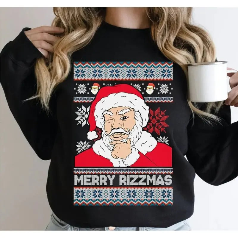 Merry Rizzmas Ugly Christmas Sweater, Funny Santa Christmas Sweatshirt, Holiday Crewneck Sweater, Unisex Sweater Pullover Tee