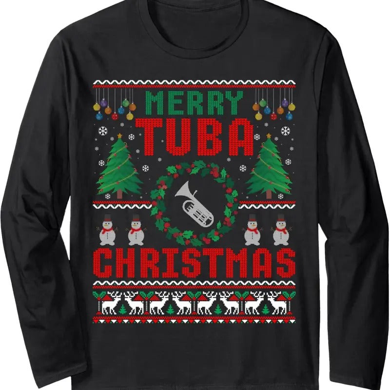 Merry Tuba Christmas Ugly Sweater Music Instrument Long Sleeve T-Shirt