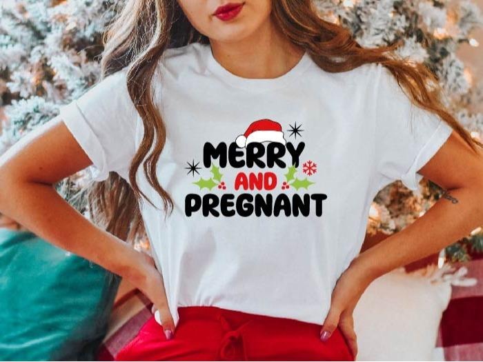 Merry and Pregnant Shirt, Pregnancy Announcement Shirt, Christmas Maternity Gift T-Shirt, Funny Pregnancy Xmas Baby Tee, Pregnant Wife Holiday Gift Tee.