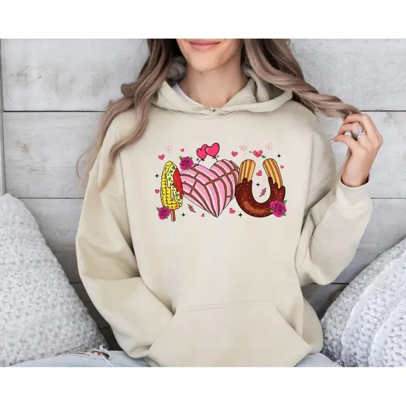 Mexican Valentine Shirt, I Love U Mexican Shirt, Latina, Latina Pan Dulce Hoodie, Funny Mexico Sweatshirt, Conchita Heart, Unisex Sweater Pullover Tee