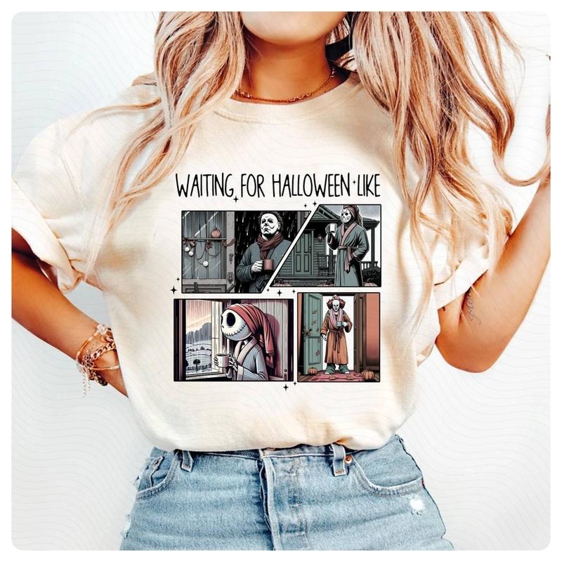 Michael Myers Waiting For Halloween Like Movie Characters Shirt, Halloween Character Daily Life Shirt Spooky Season Shirt Halloween Movie Shirt Top Womenswear