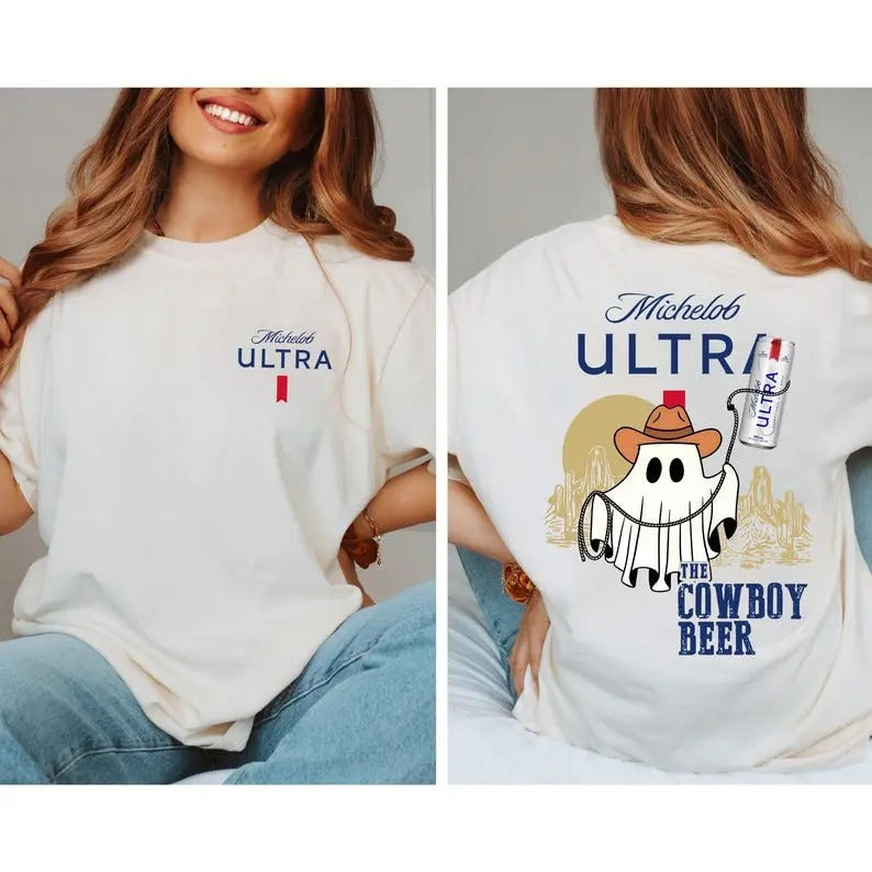 Michelob Ultra Ghost Halloween Shirt, cowboy Ghost Halloween Shirt, Fall Season Shirt, Michelob Beers Shirt, Funny Western Halloween Shirt
