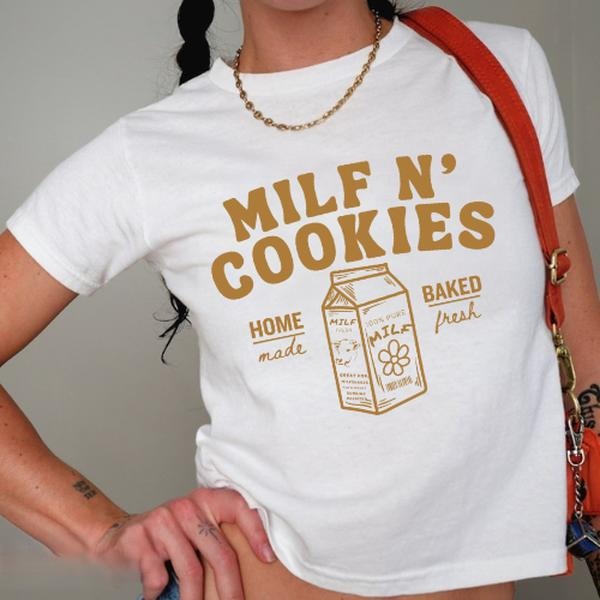 Milf n cookies Baby Tee stay at home milf Baby Tee Cute For Her, Funny Tee Fit Top Womenswear