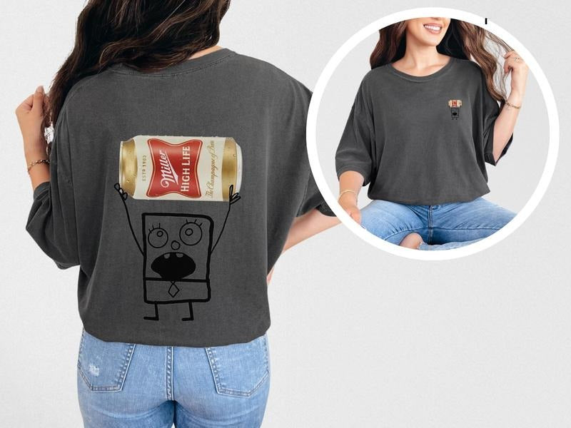 Miller High Life Doodlebob Shirt, Miller High Life Tee, Gift For Boyfriend, Funny Shirt, Meme 2 Sides Printed Comfort Fabric Cotton