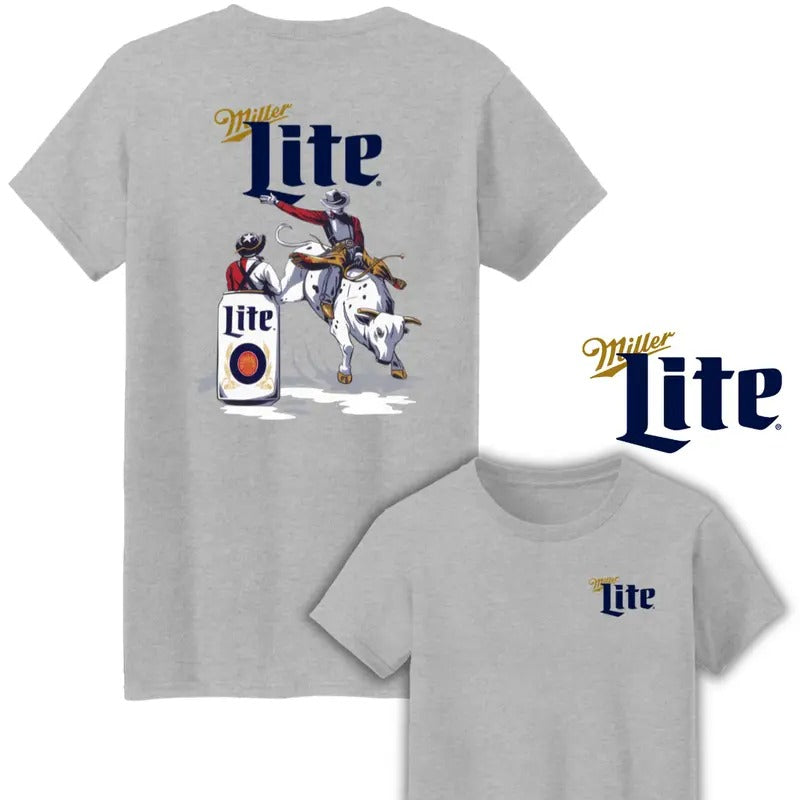 Miller Lite Rodeo Two Sides Cotton Unisex T-Shirt , Cowboy Graphic Bull Riding Shirt, Miller Lite Western Wear T-Shirt