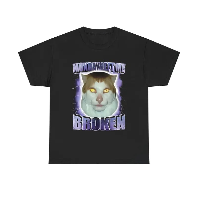 Monday Left Me Broken Funny Cat Meme T-shirt, Brainrot Funny Meme Tee