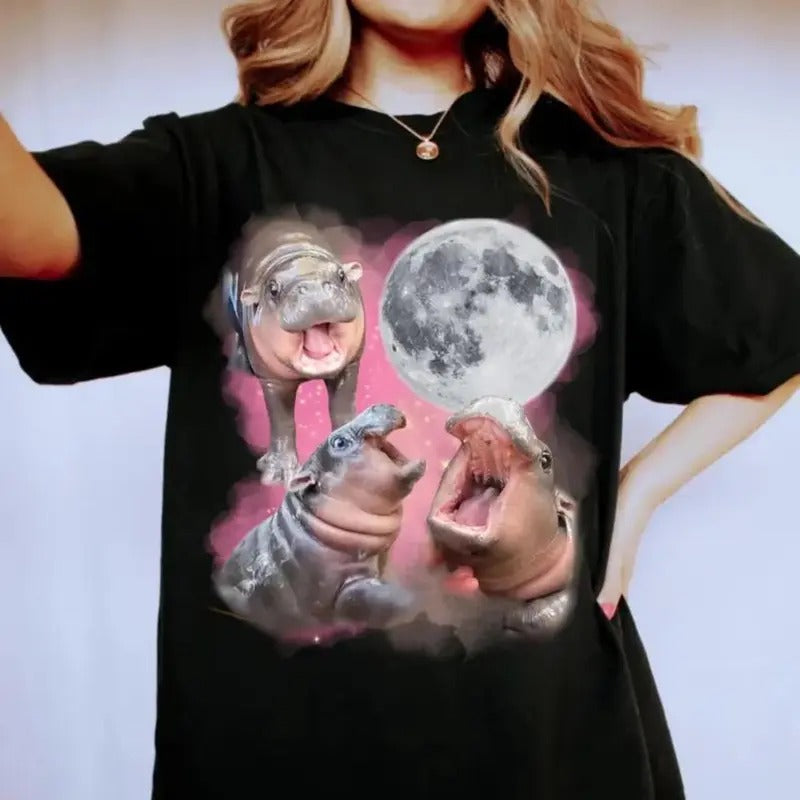 Moo Deng Shirt , Three Moo Deng Howling At The Moon Shirt , Vintage 90s Graphic Tee , Funny Bootleg Tee , Moo-Deng The Baby Hippo , MooDeng