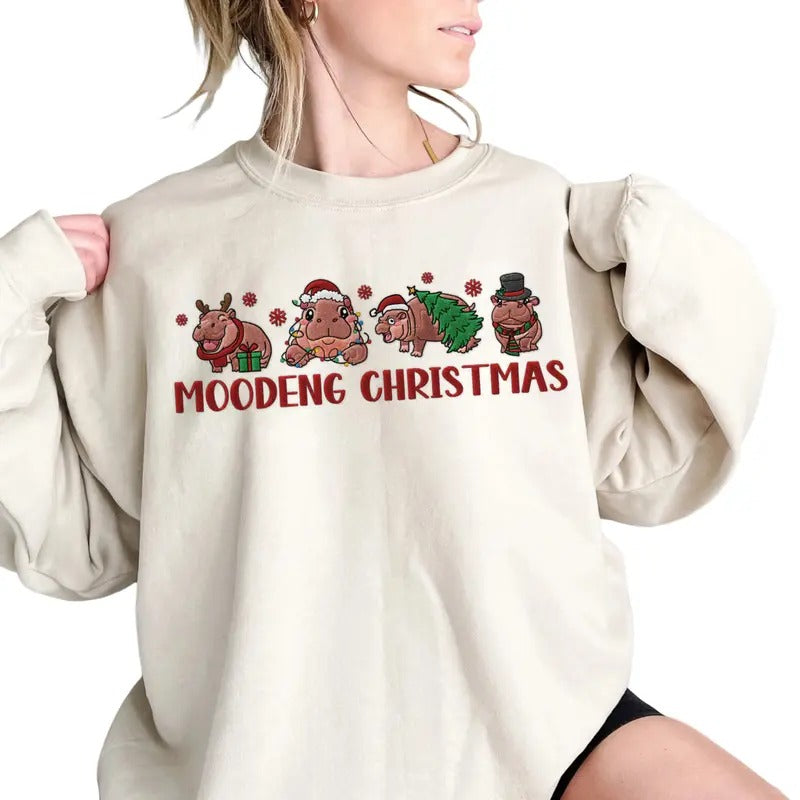 Moodeng Christmas Embroidered T-Shirt, Funny Baby Hippo Moo Deng Tee, Holiday Unisex Sweatshirt and Hoodie