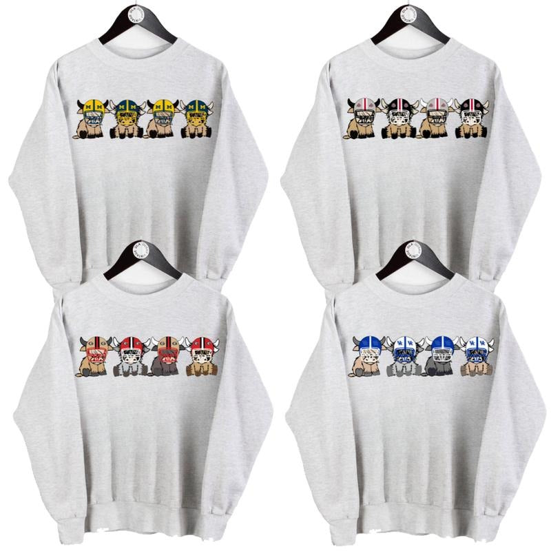 NCAA College Football Highland Cow Sweatshirts, All Teams NCAA in Ash color Sweatshirt, NCAA College All Football Teams for Fans, Gifts For Football Fan Sport, Game Day Sweatshirt