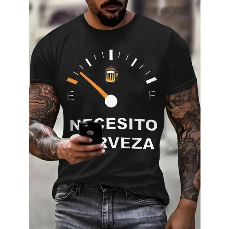 NECESITO CERVEZA Letters 3D Print Men's Fashion Comfy Breathable T-Shirt, New Casual Round Neck Short Sleeve Tee For Spring Summer Men's Clothing Made In USA