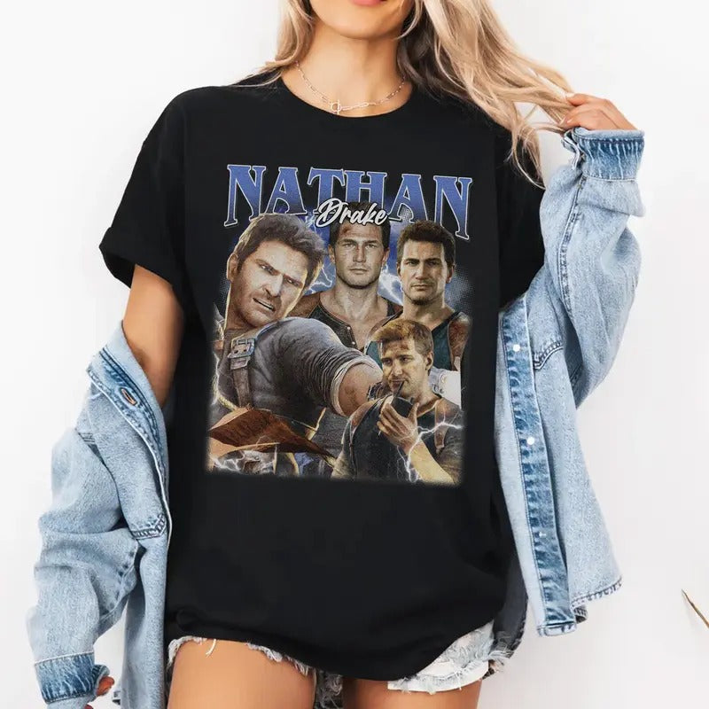 Nathan Drake Uncharted Vintage T-Shirt, Nathan Drake Uncharted 4 Shirt, Retro Style, Gift For Gaming Lovers Casual Clothing Menswear Sweatshirts