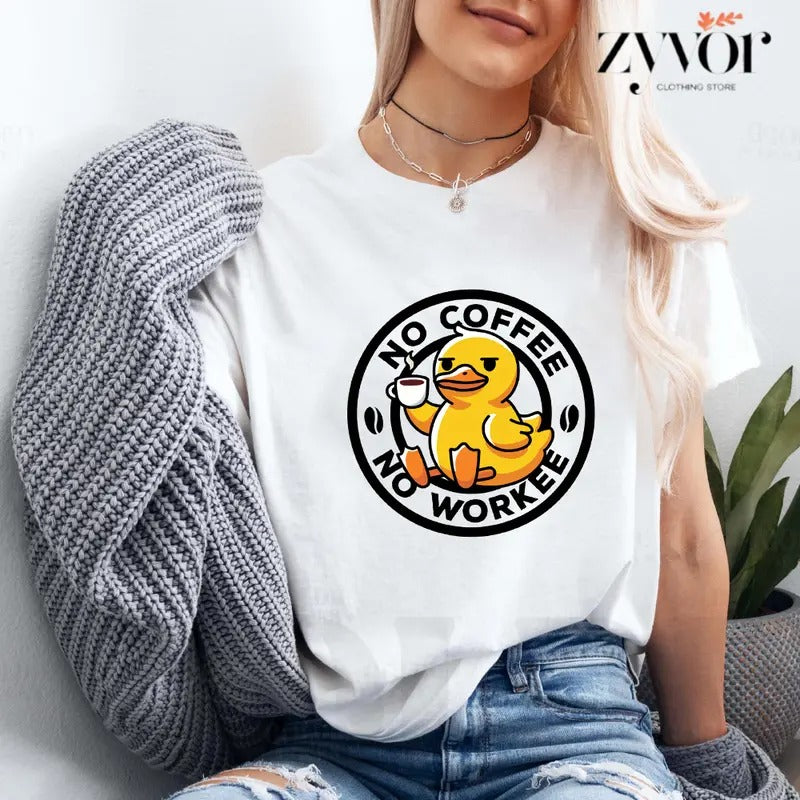 No Coffee No Workee Funny Tee Pure Cotton Casual Style Crew Neck Short Sleeve T-Shirt Tops Trendy for Women for Men, Perfect Gift
