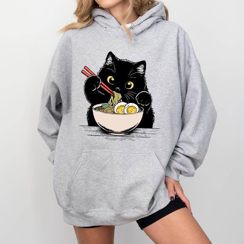 Noodle Cat Hoodie, Cute Black Cat With Ramen Graphic Hoodies, Cat Lover Hoodie, Anime Lover Hoodies, Cat Mom Outfits, Gift For Pet Lovers