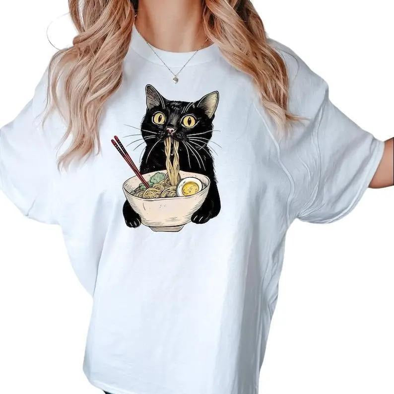 Noodle Cat T-Shirt, Ramen Cat Shirt, Retro Cat Tees, Cat Lover Shirt, Anime Tee