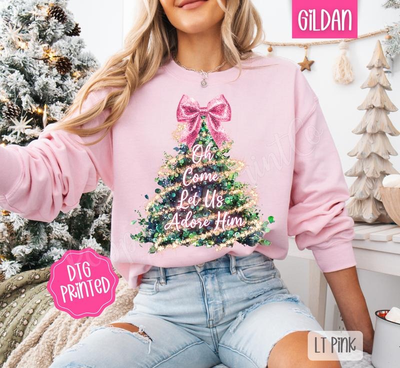 Oh Come Let Us Adore Him Pink Glitter Sweatshirt, Trendy Women's Christmas Crewneck