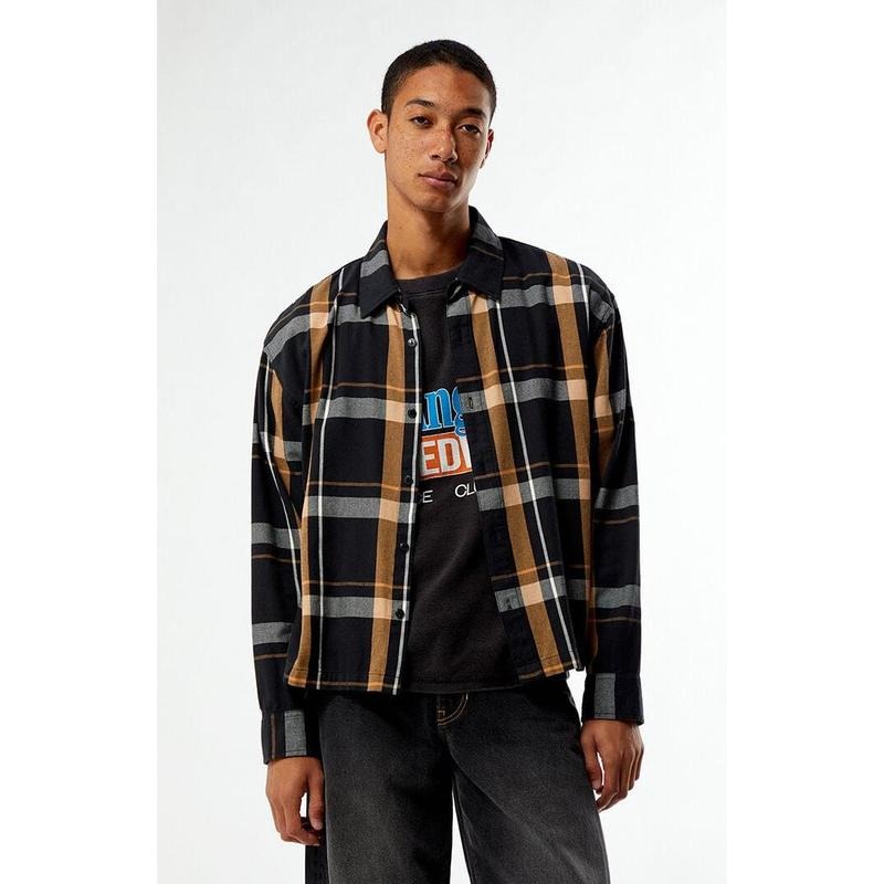 Pacsun Men's Black And Tan Long Sleeve Classic Flannel Shirt